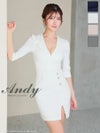 キャバドレス Andy アンディ　高級袖あり襟デザインゴールドボタンシンプルタイトミニドレス