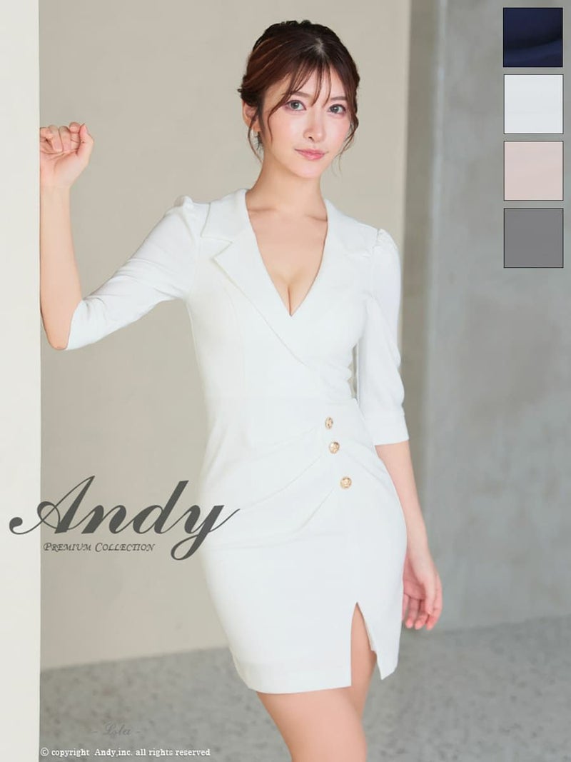 キャバドレス Andy アンディ　高級袖あり襟デザインゴールドボタンシンプルタイトミニドレス