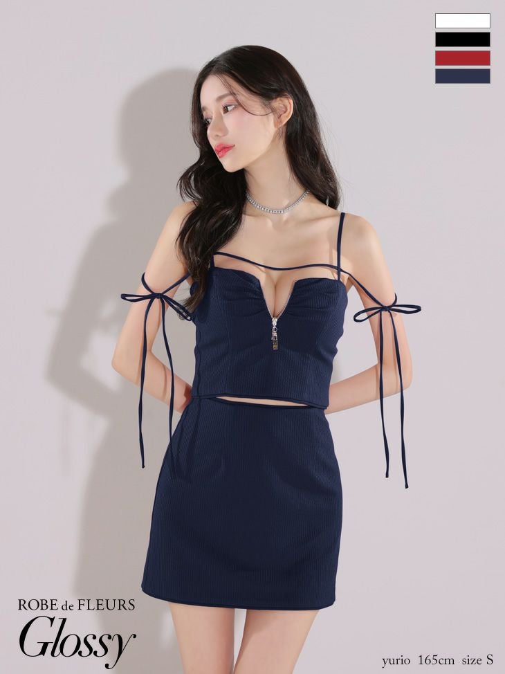 キャバドレス ミニドレス ROBEdeFLEURSGlossy ローブドフルールグロッシー　高級キャミソールジップセットアップリボンデザインリブニットタイトミニドレス