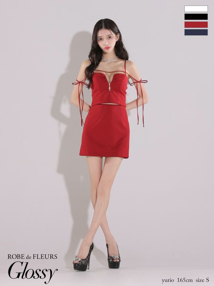 キャバドレス ミニドレス ROBEdeFLEURSGlossy ローブドフルールグロッシー　高級キャミソールジップセットアップリボンデザインリブニットタイトミニドレス