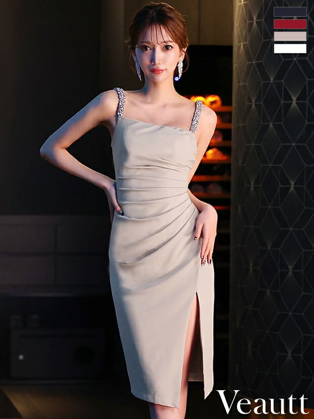 キャバドレス 膝丈ドレス Veautt/ヴュート 高級ノースリーブショルダービジュースリットワンカラータイト膝丈ドレス