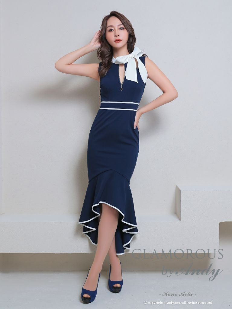 キャバドレス AndyGLAMOROUS アンディグラマラス　高級ノースリーブネックリボンジップロングテールドレス