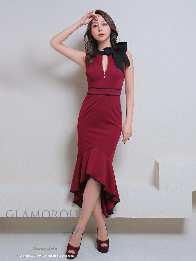 キャバドレス AndyGLAMOROUS アンディグラマラス　高級ノースリーブネックリボンジップロングテールドレス