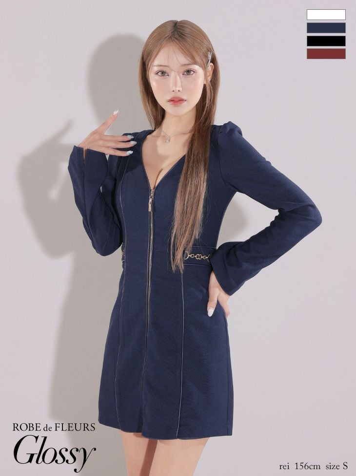 キャバドレス ミニドレス ROBEdeFLEURSGlossy ローブドフルールグロッシー　高級長袖フロントジップウエストゴールドチャームタイトミニドレス