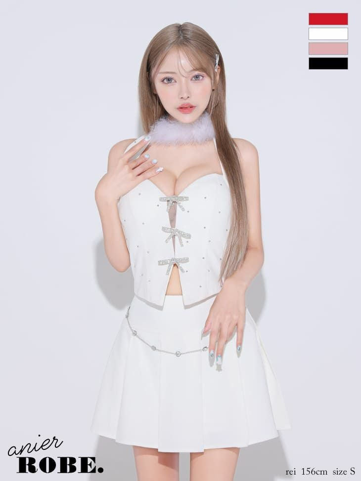 anier.ROBE アニエルローブ 高級ノースリーブセットアップファーチョーカースタッズフレアミニサンタコスプレドレス