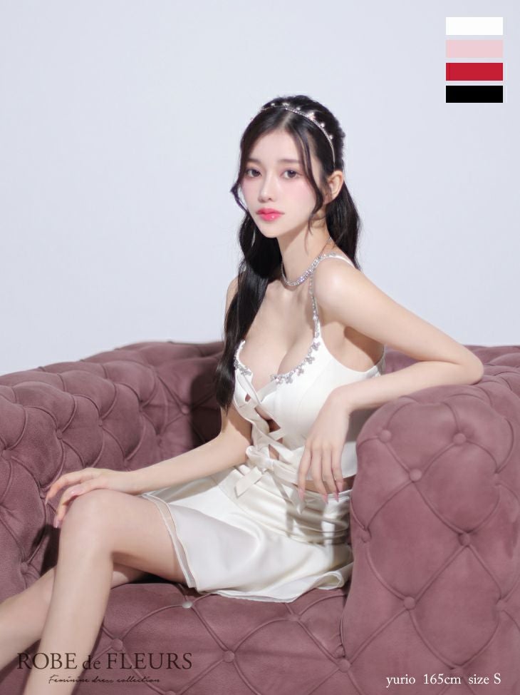 キャバドレス ミニドレス ROBEdeFLEURS ローブドフルール　高級2wayキャミソールセットアップビジューセンターリボンフレアミニドレス