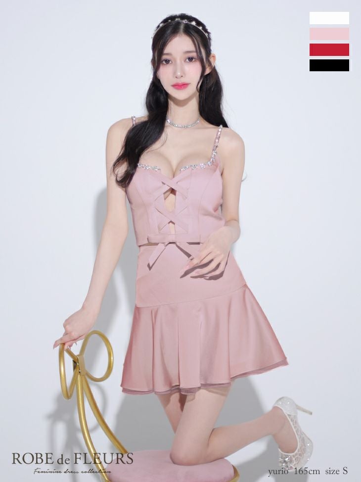 キャバドレス ミニドレス ROBEdeFLEURS ローブドフルール　高級2wayキャミソールセットアップビジューセンターリボンフレアミニドレス