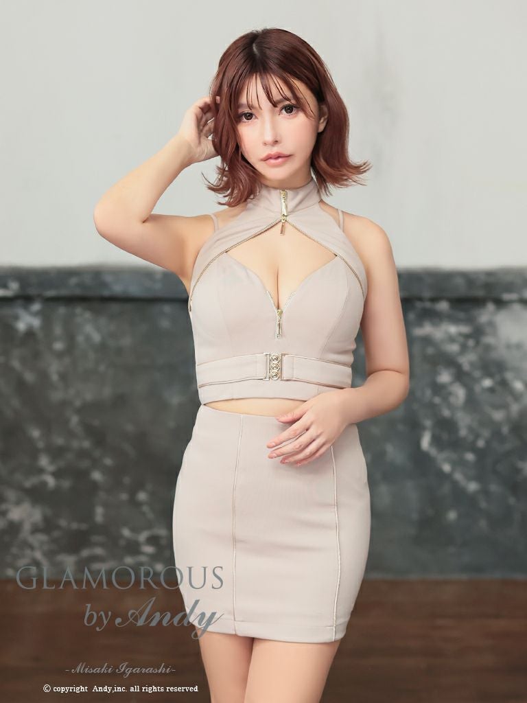 キャバドレス AndyGLAMOROUS アンディグラマラス　高級ホルターネックキャミソールセットアップジップウエストベルトタイトミニドレス