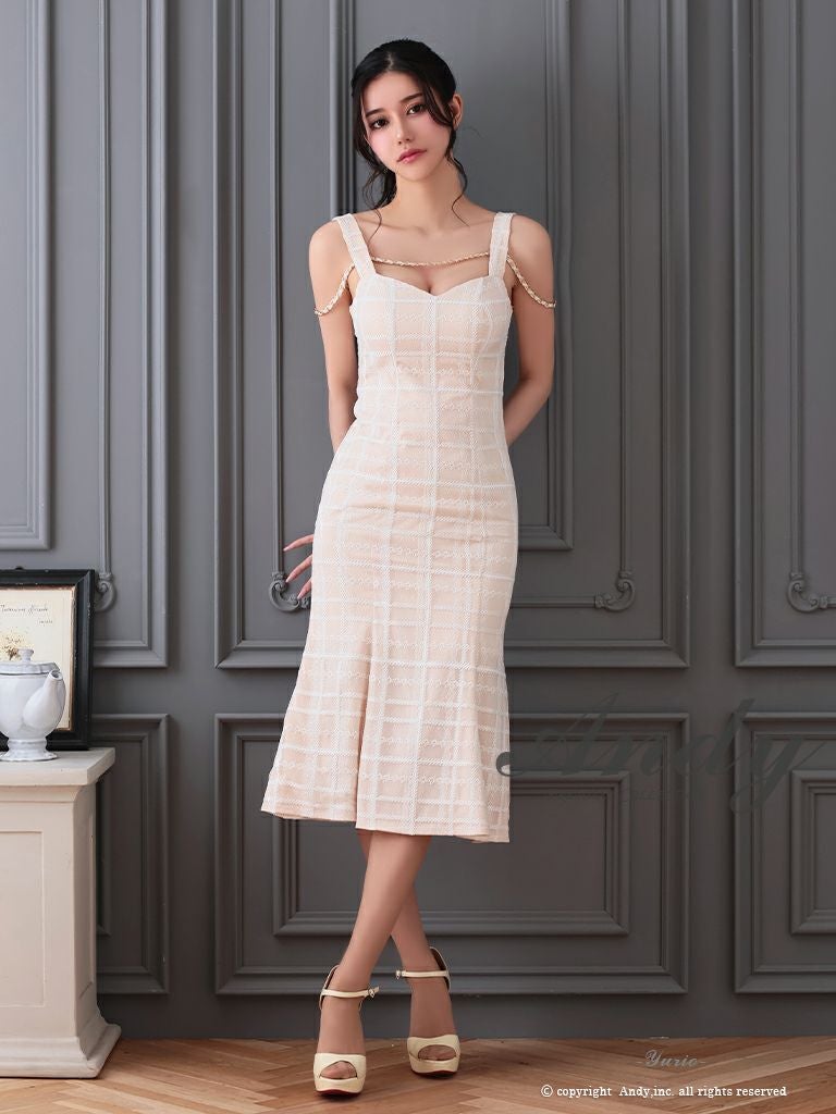 キャバドレス Andy アンディ 高級チェック柄ノースリーブレースチェーンタイトロングドレス