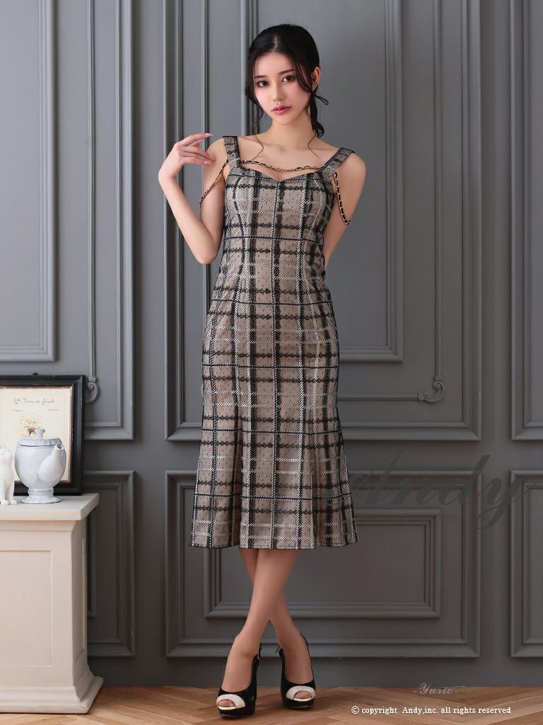 キャバドレス Andy アンディ　高級チェック柄ノースリーブレースチェーンタイトロングドレス