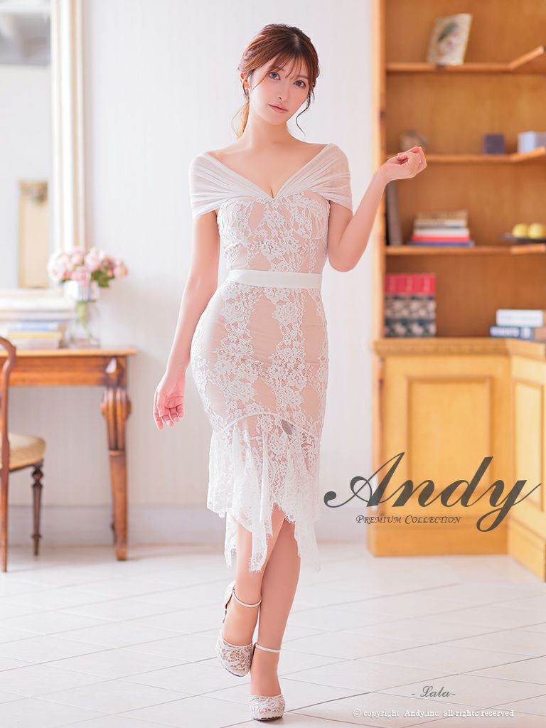 キャバドレス Andy アンディ　高級オフショルダーフラワーレースウエストリボンシンプルタイトロングドレス