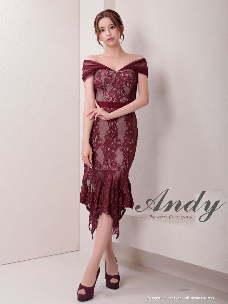 キャバドレス Andy アンディ　高級オフショルダーフラワーレースウエストリボンシンプルタイトロングドレス