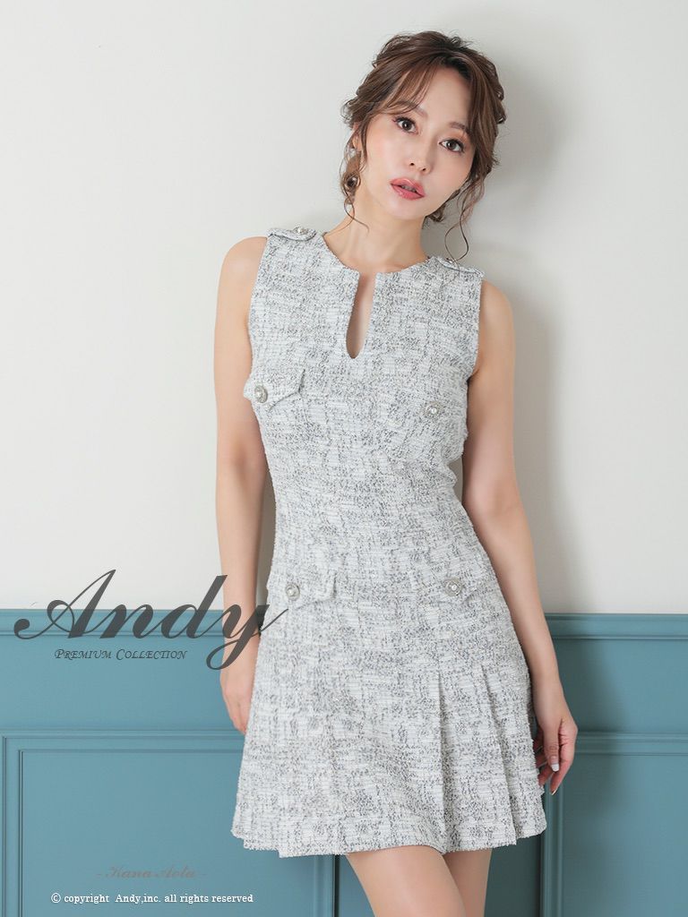 キャバドレス Andy アンディ　高級ノースリーブチェック柄ツイードポケットデザインフレアミニドレス