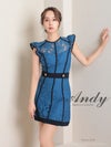 キャバドレス Andy アンディ　高級ノースリーブウエストベルトフラワーレースパイピングフレアミニドレス