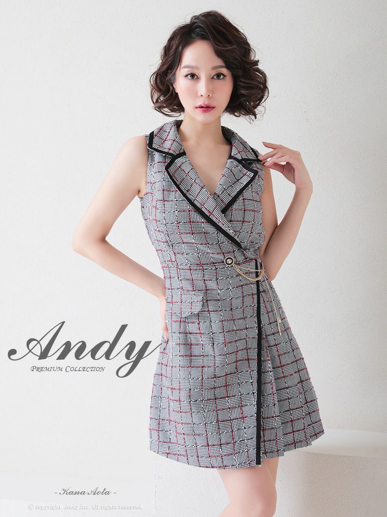 キャバドレス Andy アンディ　高級ノースリーブチェック柄襟デザインゴールドチャームフレアミニドレス