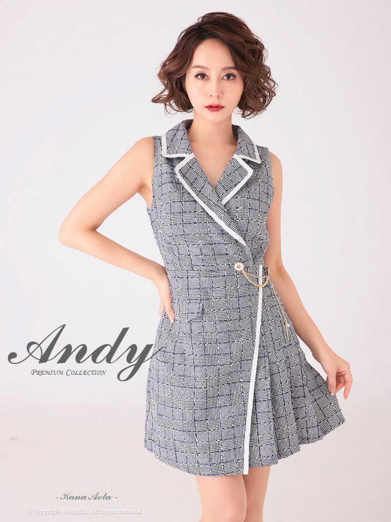 キャバドレス Andy アンディ　高級ノースリーブチェック柄襟デザインゴールドチャームフレアミニドレス