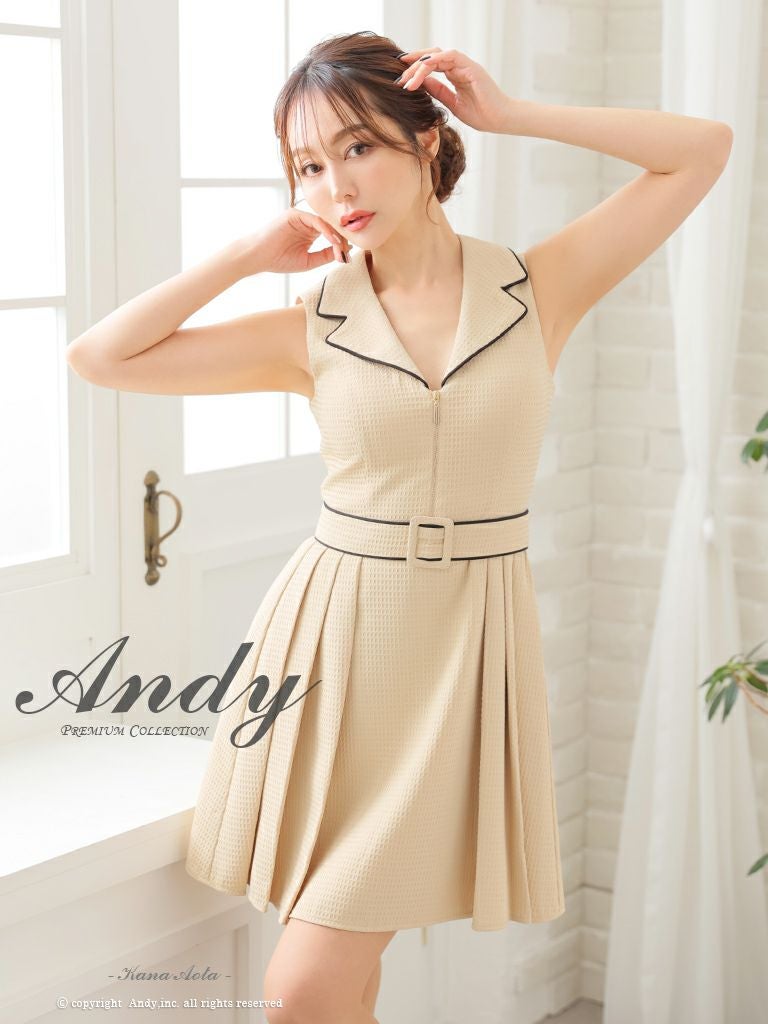 キャバドレス Andy アンディ　高級襟デザインノースリーブウエストベルトフロントジップバイカラーフレアミニドレス