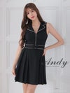 キャバドレス Andy アンディ　高級襟デザインノースリーブウエストベルトフロントジップバイカラーフレアミニドレス