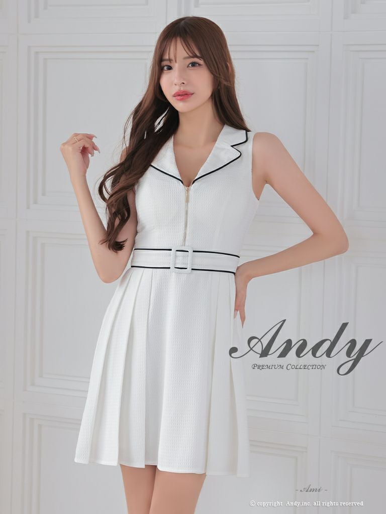 キャバドレス Andy アンディ　高級襟デザインノースリーブウエストベルトフロントジップバイカラーフレアミニドレス