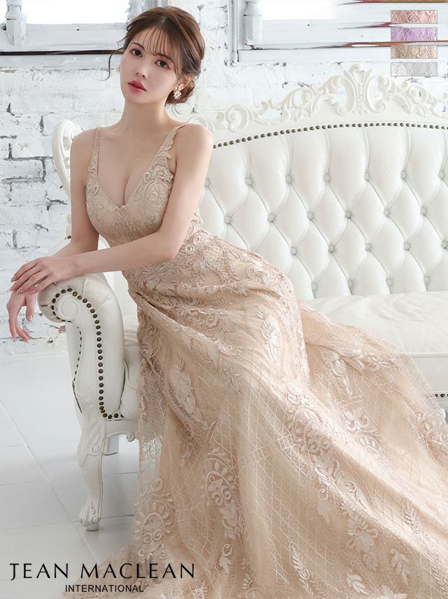 キャバドレス ロングドレス JEANMACLEAN ジャンマクレーン高級ノースリーブ刺繍デザインレースAラインロングドレス