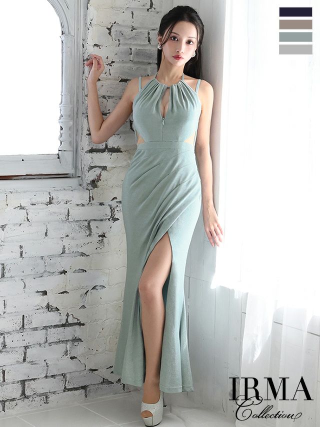 キャバドレス ロングドレス IRMA イルマ 高級ジップホルターネックキャミソールウエストカットスリットラメニットタイトロングドレス