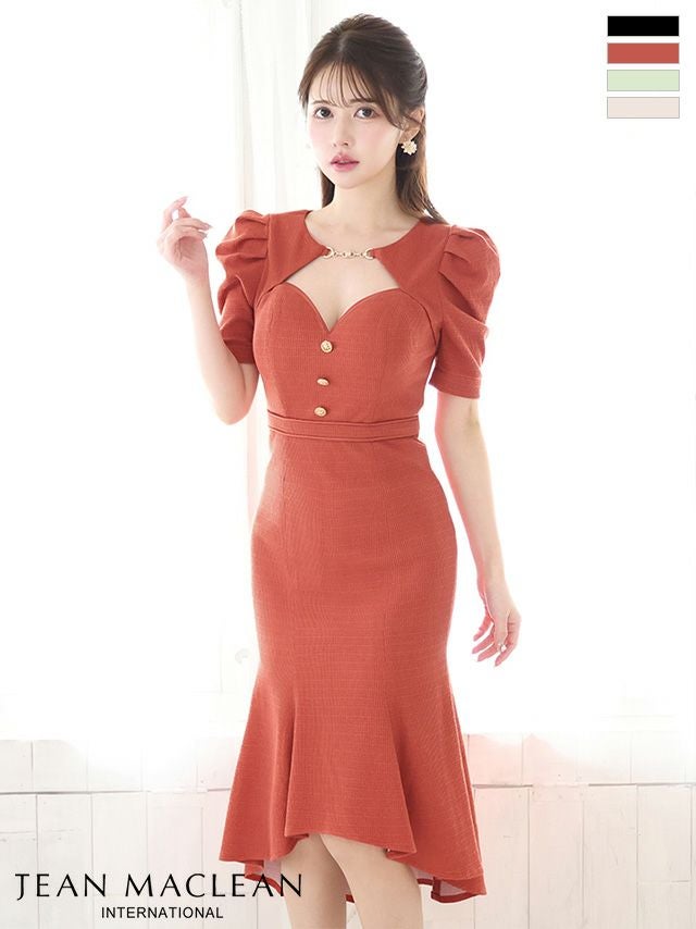 キャバドレス ミニドレス JEANMACLEAN ジャンマクレーン 高級袖ありゴールドボタン柄織りニットタイト膝丈ドレス