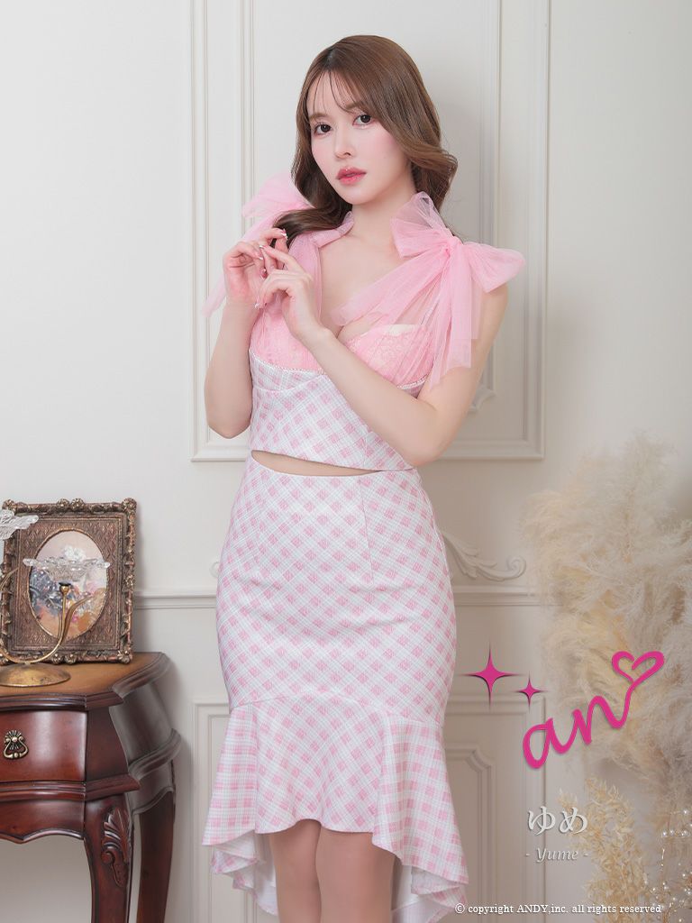 キャバドレス an アン　高級チェック柄ノースリーブセットアップショルダーリボンマーメイドロングテールドレス