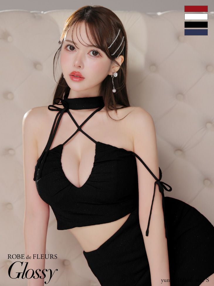 キャバドレス ミニドレス ROBEdeFLEURSGlossy ローブドフルールグロッシー　高級ホルターネックセットアップリボンラメ入りワンカラータイトミニドレス