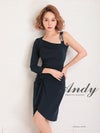 キャバドレス Andy アンディ　高級袖ありワンショルダーウエストリボンワンカラータイトミニドレス