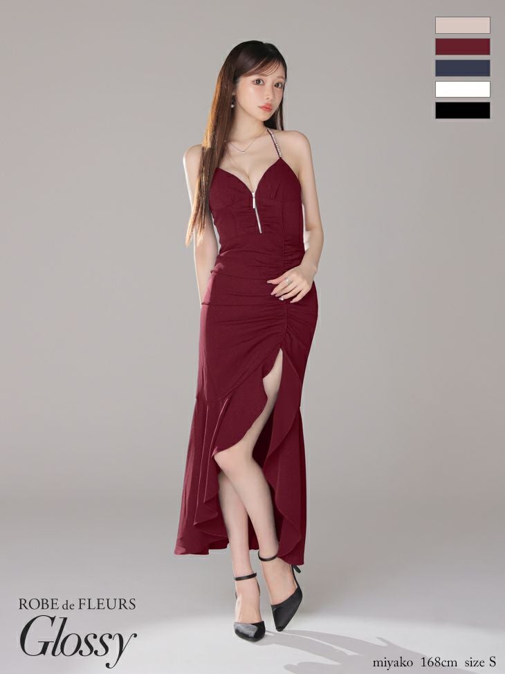 キャバドレス 前ミニドレス ROBEdeFLEURSGlossy ローブドフルールグロッシー　高級ホルターネックジップネックリボンショルダービジューラメロングテールドレス