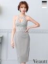 キャバドレス 膝丈ドレス Veautt/ヴュート 高級ホルターネックジップ刺繍デザインバストカットビジュータイト膝丈ドレス