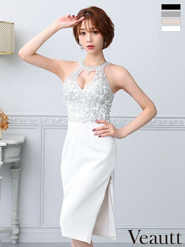 キャバドレス 膝丈ドレス Veautt/ヴュート 高級ホルターネックジップ刺繍デザインバストカットビジュータイト膝丈ドレス