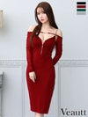 キャバドレス 膝丈ドレス Veautt/ヴュート 高級肩あき長袖ジップデコルテストラップワンカラータイト膝丈ドレス