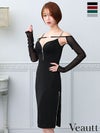 キャバドレス 膝丈ドレス Veautt/ヴュート 高級肩あき長袖ジップデコルテストラップワンカラータイト膝丈ドレス