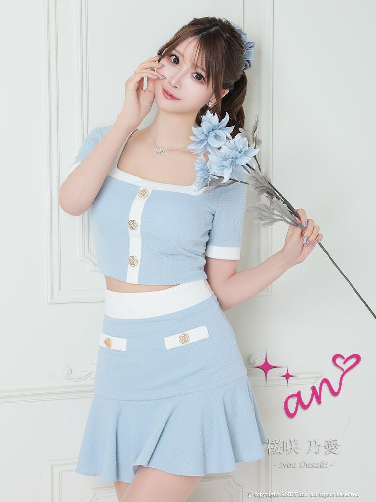 キャバドレス an アン　高級半袖セットアップゴールドボタンスクエアネックバイカラーフレアミニドレス