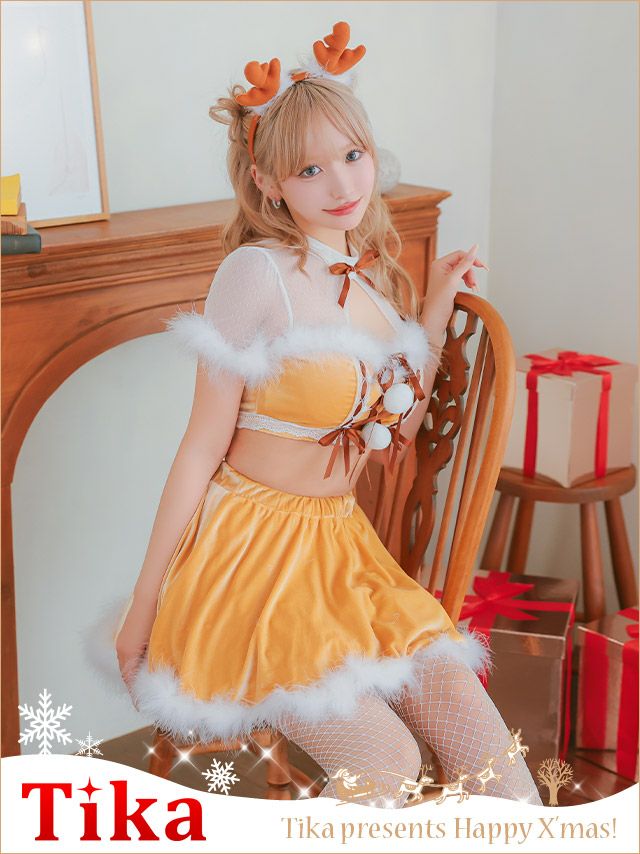 サンタコスプレ 4点set シアー切り替えレースアップリボンへそ出し セクシー セパレートフレアスカートふわふわフェザートナカイアニマル [トップス+スカート+カチューシャ/網ニーハイ]