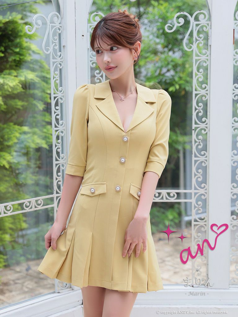 キャバドレス an アン　高級袖あり襟デザインパールボタンポケットデザインフレアミニドレス