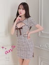 キャバドレス an アン　高級チェック柄半袖ツイードウエストカットくびれジップバストカットリボンチェーンタイトミニドレス