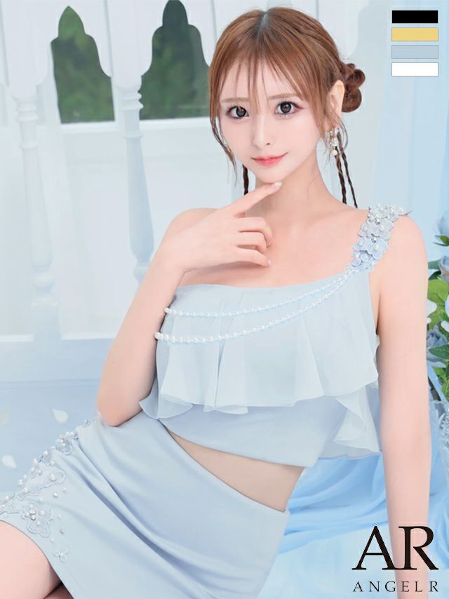 キャバドレス ミニドレス Angel-R エンジェルアール 　高級ワンショルダーセットアップフラワー刺繍レースパールタイトミニドレス