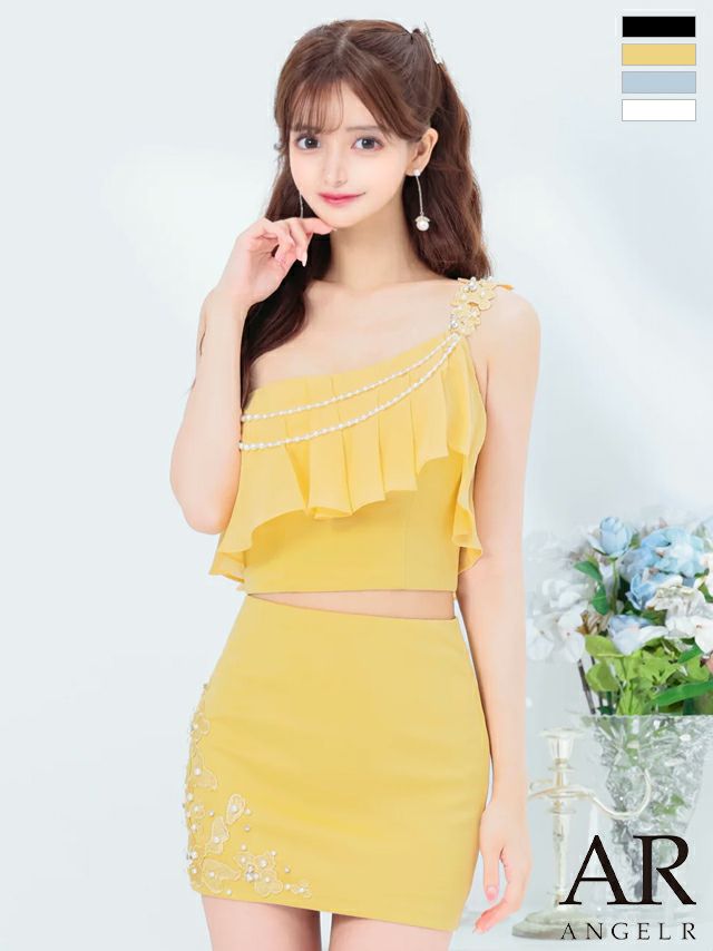 キャバドレス ミニドレス Angel-R エンジェルアール 　高級ワンショルダーセットアップフラワー刺繍レースパールタイトミニドレス