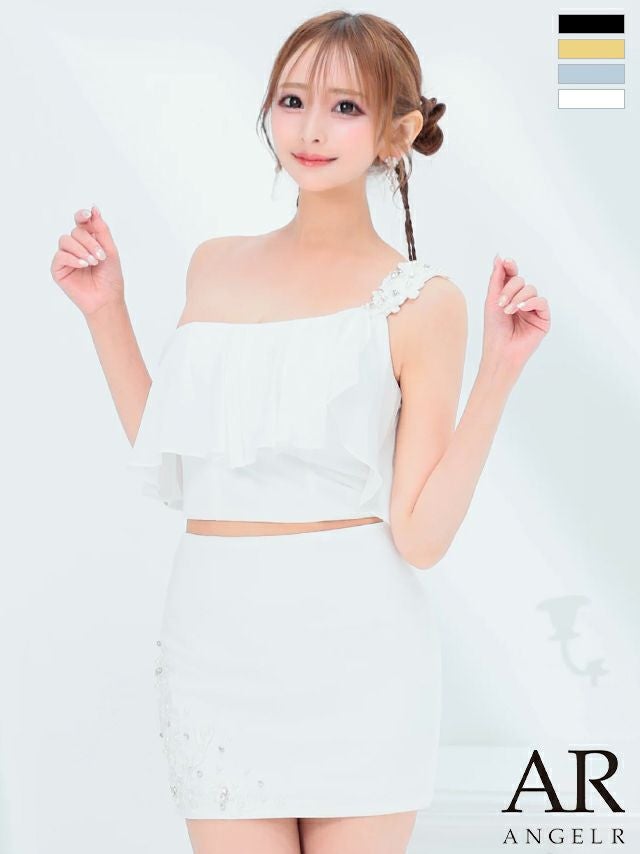 キャバドレス ミニドレス Angel-R エンジェルアール 　高級ワンショルダーセットアップフラワー刺繍レースパールタイトミニドレス