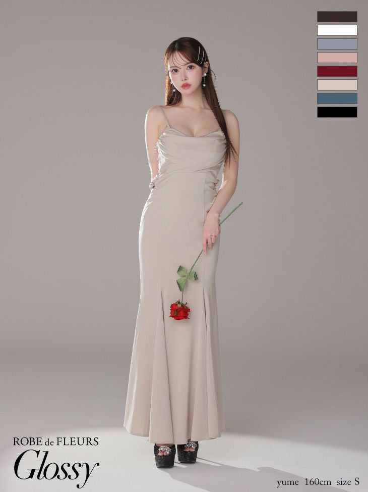 キャバドレス ロングドレス ROBEdeFLEURSGlossy ローブドフルールグロッシー　高級キャミソールビジューチェーンサテンマーメイドタイトロングドレス