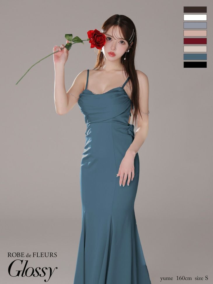 キャバドレス ロングドレス ROBEdeFLEURSGlossy ローブドフルールグロッシー　高級キャミソールビジューチェーンサテンマーメイドタイトロングドレス