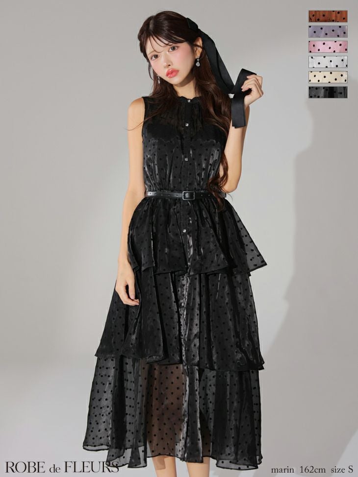 キャバドレス ロングドレス ROBEdeFLEURS ローブドフルール　高級ドット柄ノースリーブウエストベルトオーガンジーエレガントAラインロングドレス