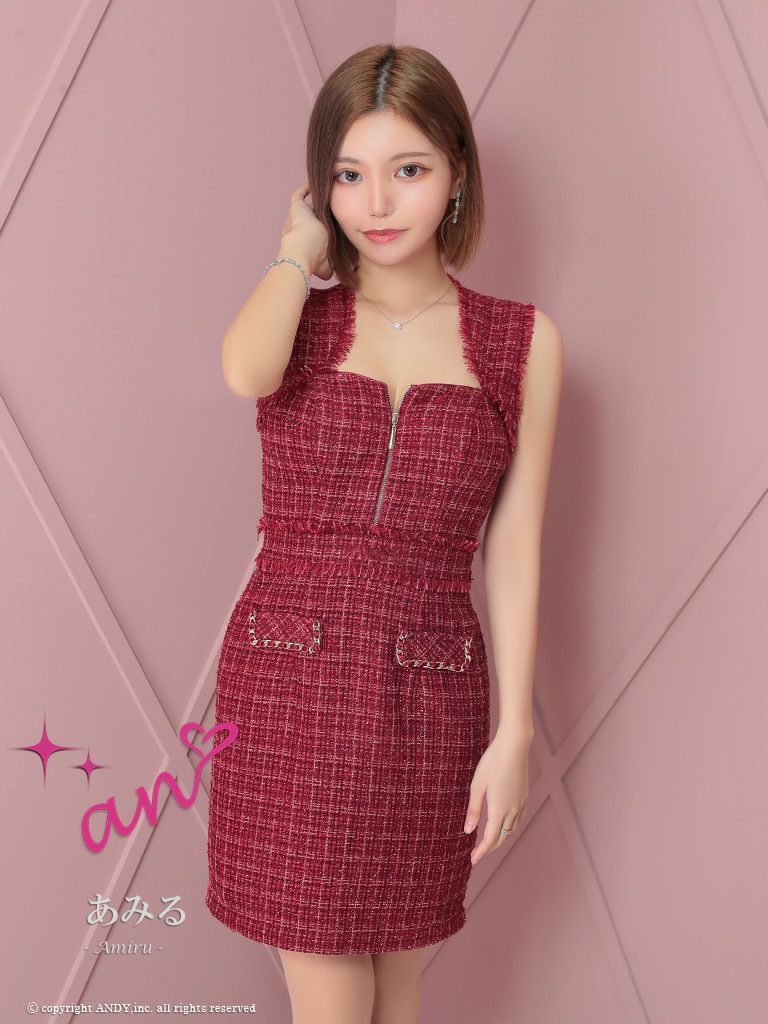 キャバドレス an アン　高級ノースリーブチェック柄ツイードジップポケットデザインタイトミニドレス