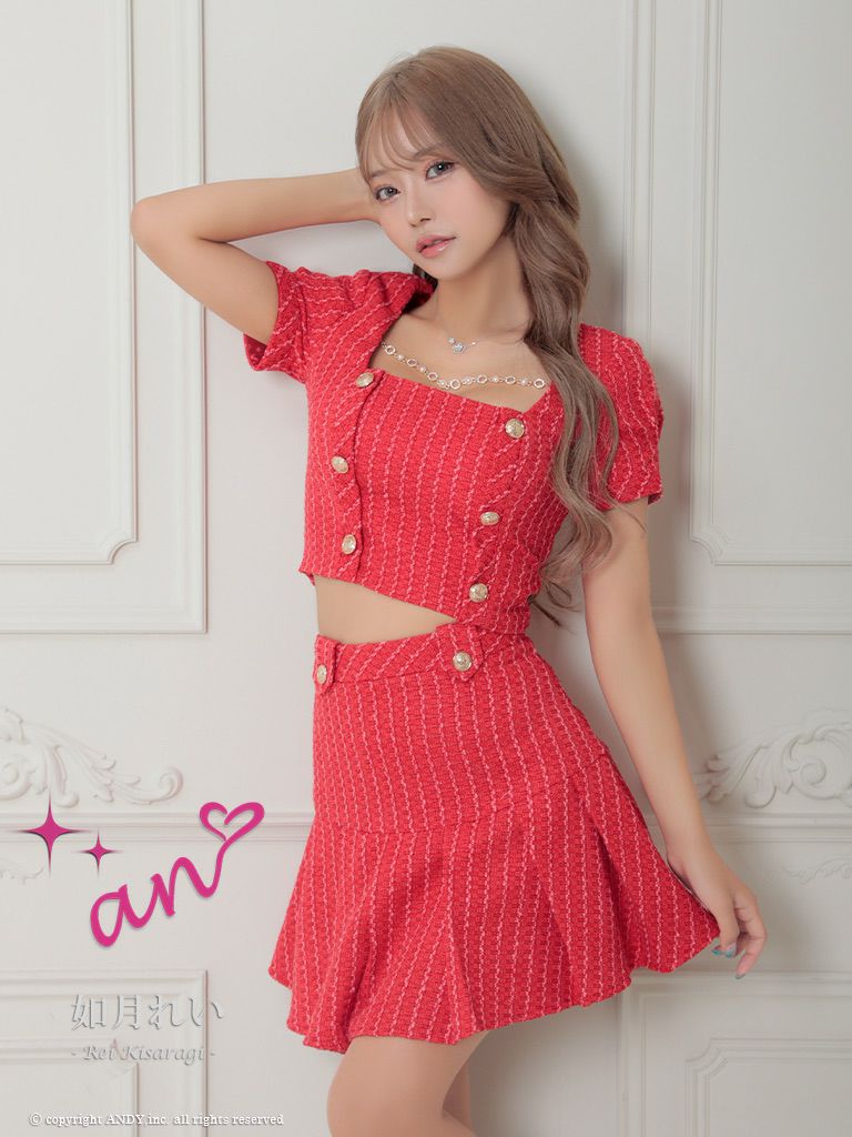 キャバドレス an アン　高級半袖ツイードスクエアネックセットアップチェーンゴールドボタンフレアミニドレス