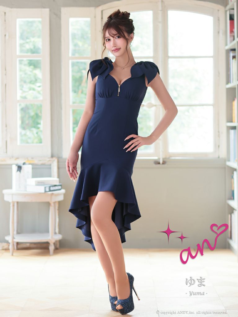 キャバドレス an アン　高級ノースリーブジップショルダーリボン裾フリルマーメイドロングテールドレス