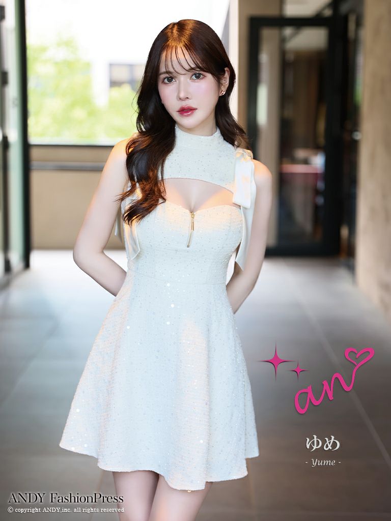 キャバドレス an アン　高級ノースリーブジップスパンコールツイードショルダーリボンバストカットフレアミニドレス