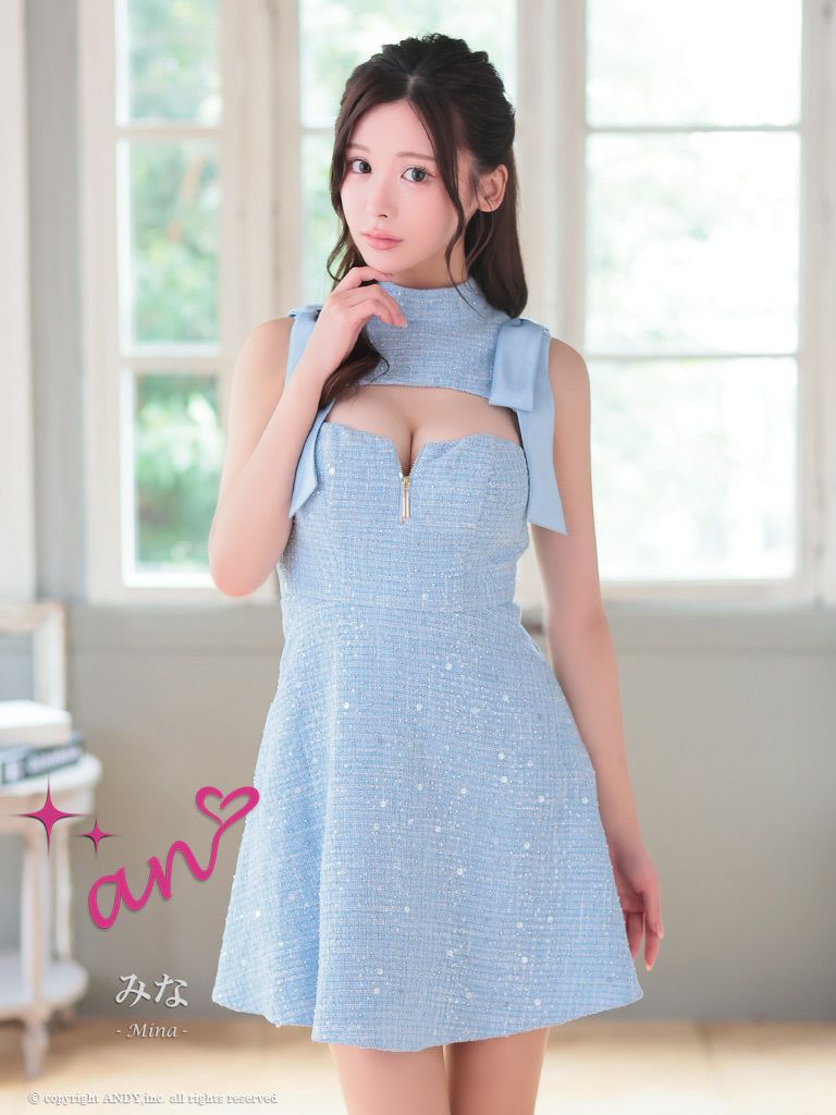 キャバドレス an アン　高級ノースリーブジップスパンコールツイードショルダーリボンバストカットフレアミニドレス