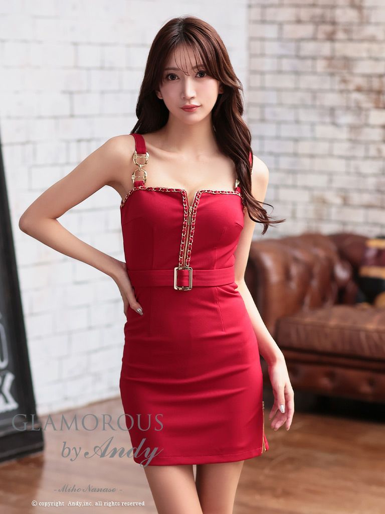 キャバドレス AndyGLAMOROUS アンディグラマラス　高級ノースリーブウエストベルトジップチェーンシンプルタイトミニドレス